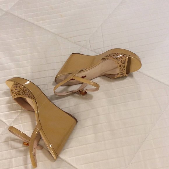 Prada Cutout Patent Leather Wedge Sandals - Picture 9 of 10